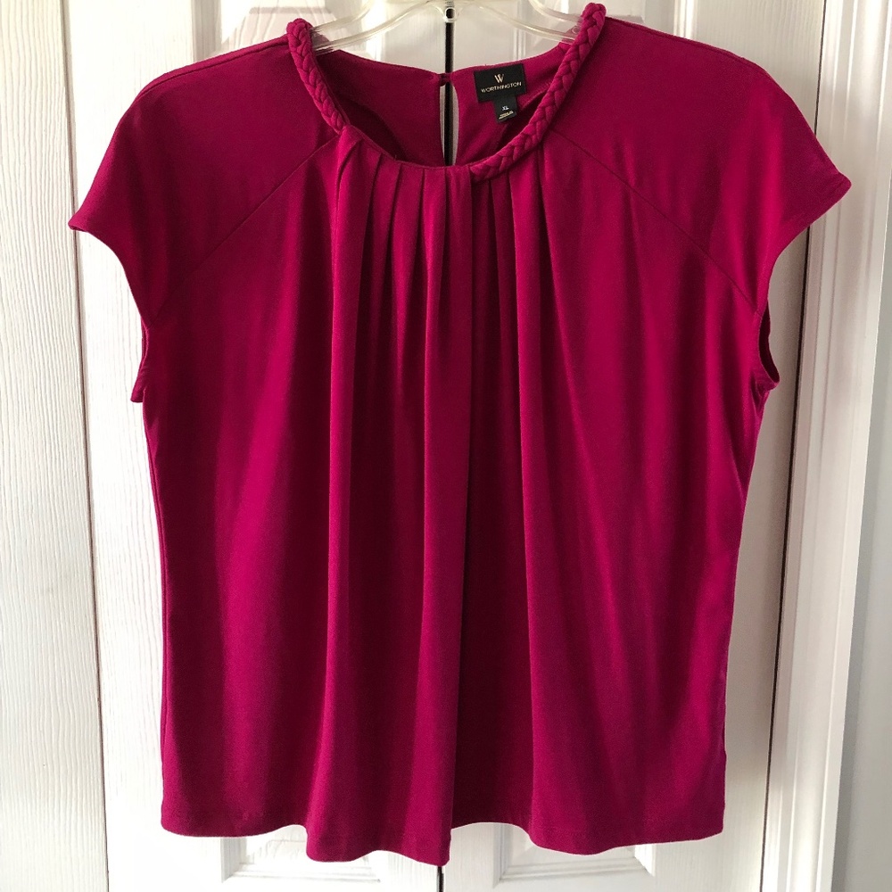 Fushia Womens Top with braided neckline & pleated front by Worthington, XL, VGUC